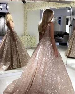 A line V Neck Sequins Prom Dresses Long Straps V Back Evening Dresses WK678