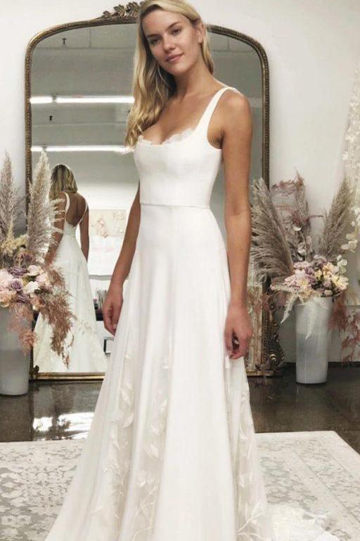 A line White Satin Wedding Dresses with Tulle Appliques Spaghetti Straps Bridal Dress WK719