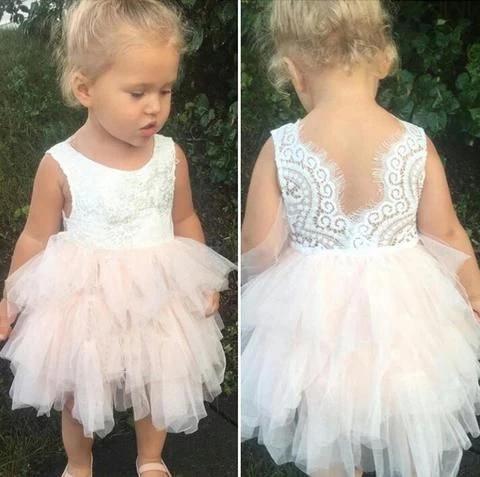 Adorable A-line Knee length Pink Tulle Little Flower Girl Dress with Lace Party Dress FG1005