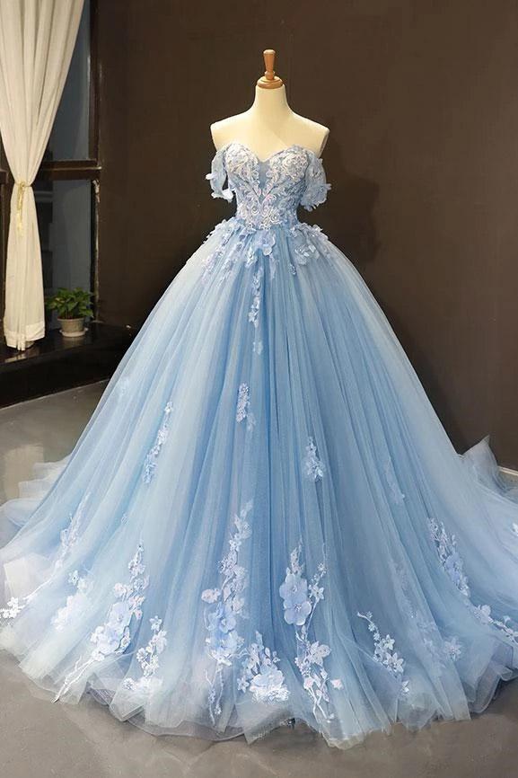 Light Sky Blue Off the Shoulder Ball Gown Tulle Prom Dress with Applique WK664