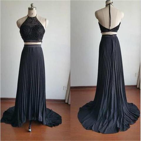 Gorgeous Halter Court Train Two Pieces Black Beads Chiffon Backless Prom Dresses WK776