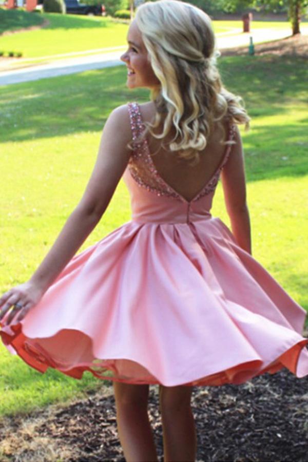 A-Line Round Neck Sleeveless Beading Pink Open Back Short Homecoming Dresses WK912