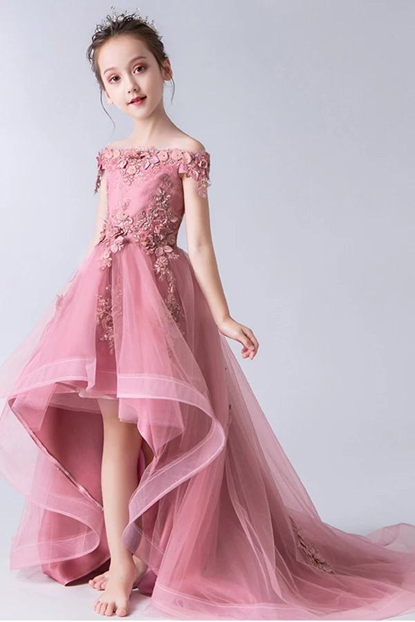 High Low Gorgeous Off the Shoulder With Lace Appliques Sleeveless Tulle Flower Girl Dresses WK884