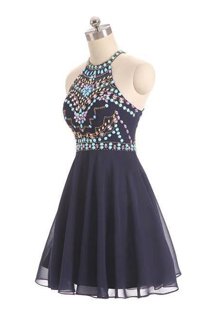 Dark Blue Beads Short Cute Halter Sweet 16 Cocktail Dress  GR56
