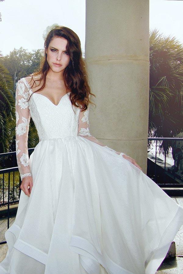 Glamorous V-Neck Backless Sweep Train Long Sleeves Lace Organza Wedding Dresses