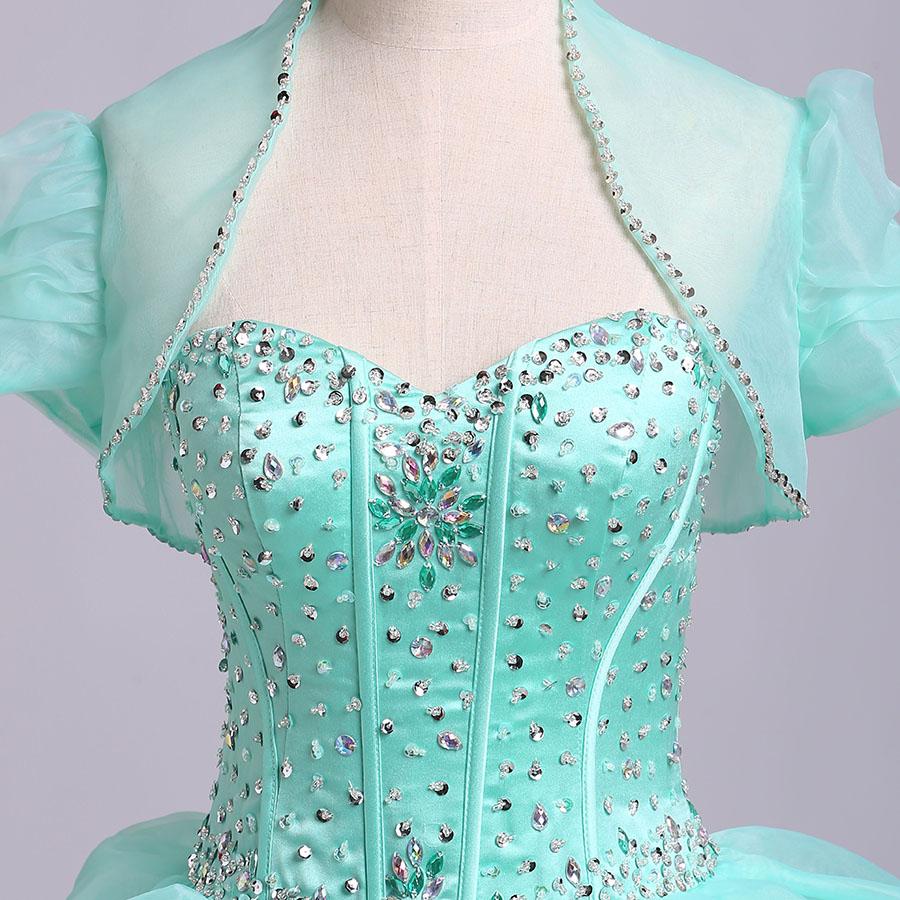 Ball Gown Sweetheart Organza Beads Lace up Ruffles Tiffany Blue Prom Quinceanera Dresses WK178