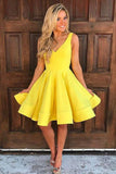 Cute V Neck Yellow Sleeveless Short Homecoming Dresses A Line Party Dresses WK20