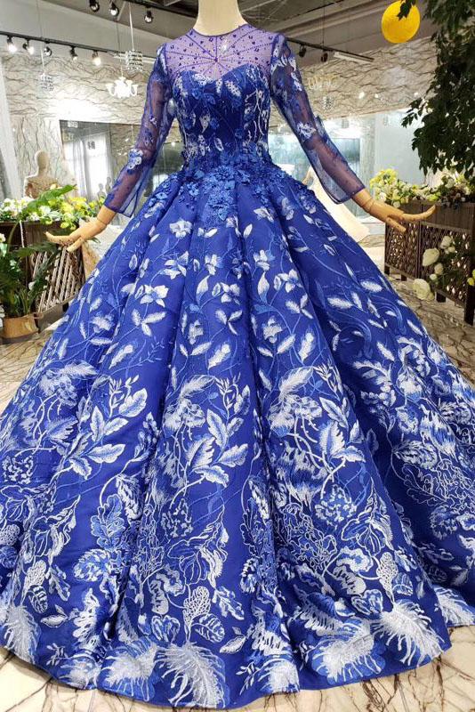 Ball Gown Blue Round Neck Prom Dresses with Beads Lace up Quinceanera Dresses PW784