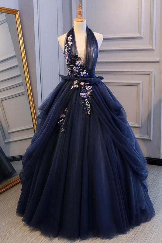 Ball Gown Blue Tulle Lace Long Prom Dresses Deep V Neck Backless Evening Dresses WK469