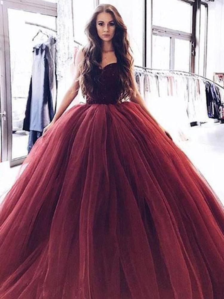 Ball Gown Burgundy Tulle Strapless Sweetheart Prom Dresses Quinceanera Dresses WK696