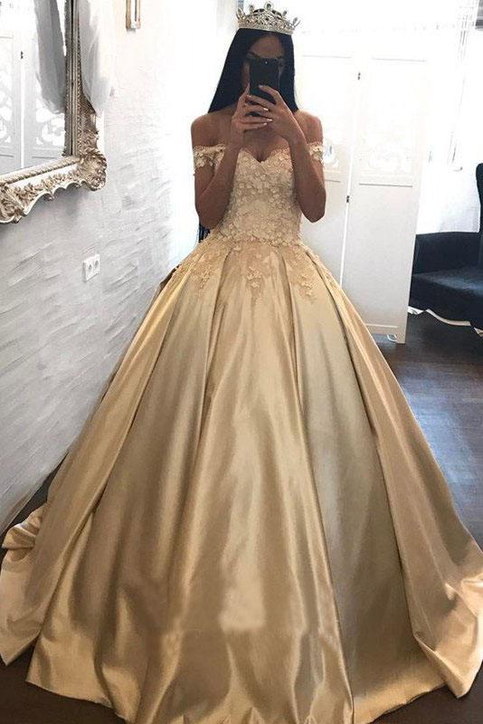 Ball Gown Champagne Gold Satin Quinceanera Dresses, Appliques Lace Prom Dresses PW933