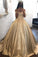 Ball Gown Champagne Gold Satin Quinceanera Dresses, Appliques Lace Prom Dresses PW933