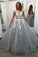 Ball Gown Gray V Neck Prom Dresses with Lace Appliques, Quinceanera Dresses PW684