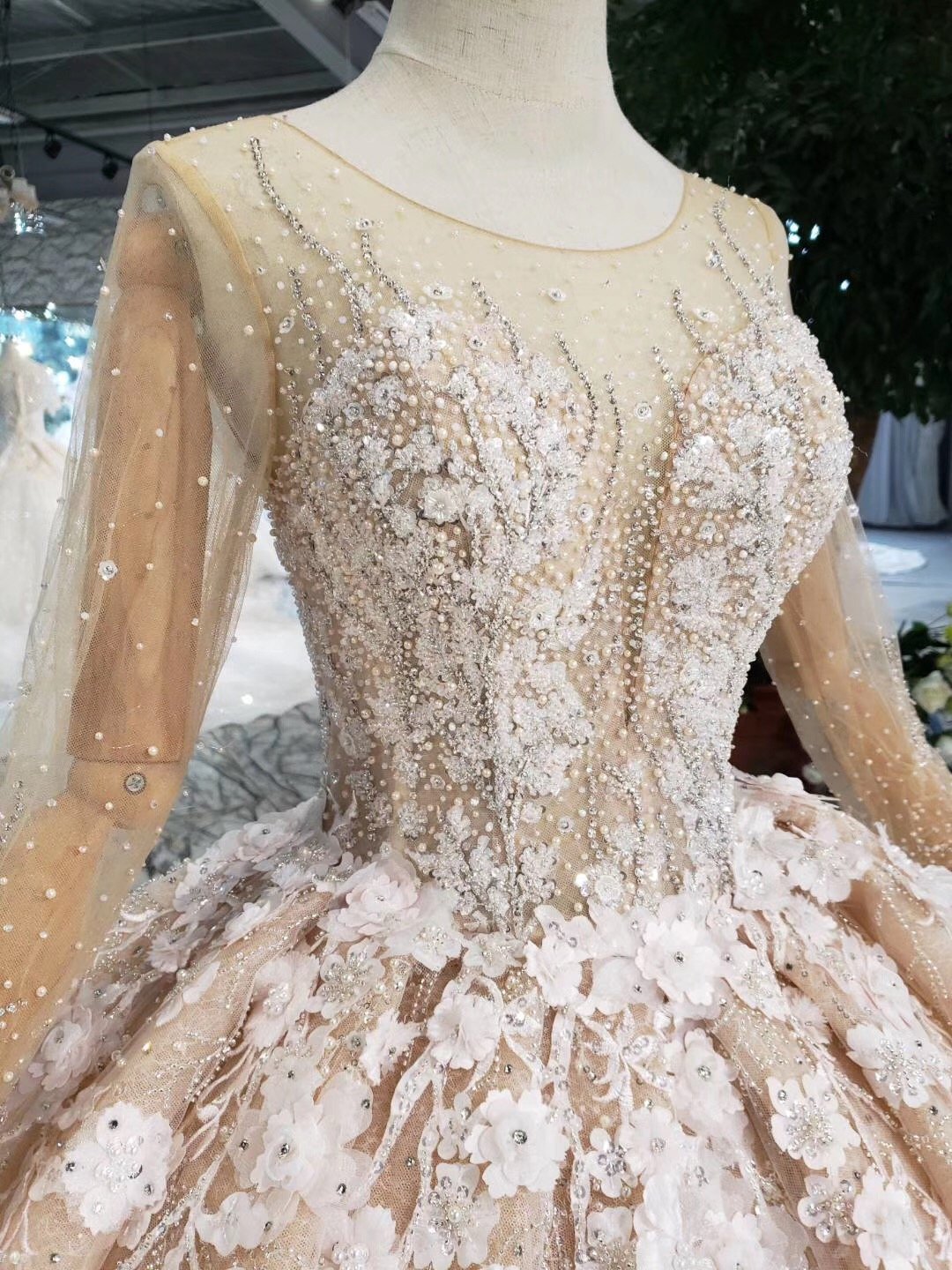 Ball Gown Long Sleeve Lace Appliques Pink Sequin Wedding Dresses Quinceanera Dress WK769