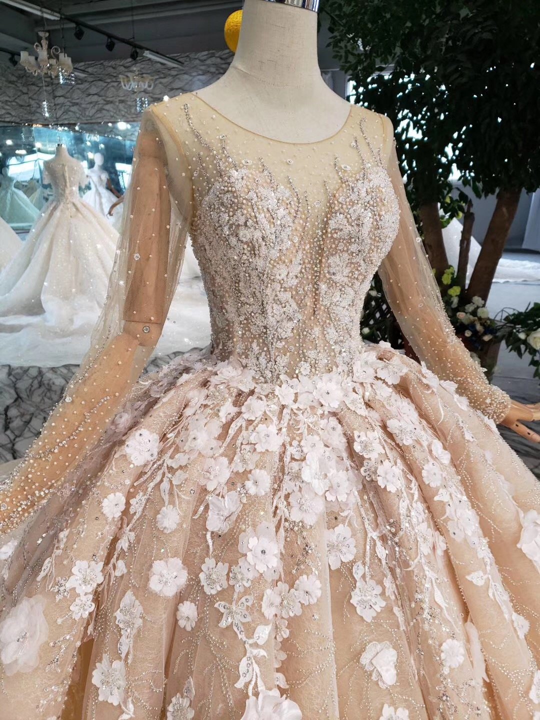 Ball Gown Long Sleeve Lace Appliques Pink Sequin Wedding Dresses Quinceanera Dress WK769