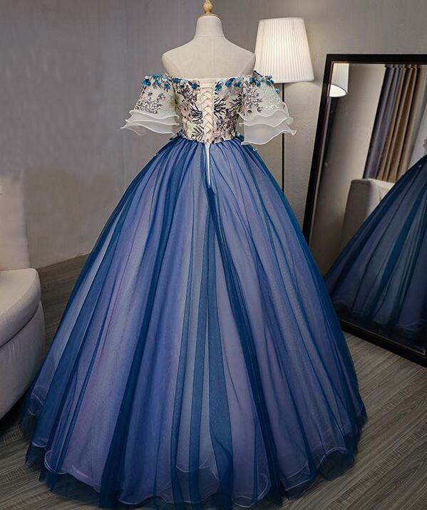 Ball Gown Off the Shoulder Short Sleeve Lace up Sweetheart Prom Dresses with Appliques WK991
