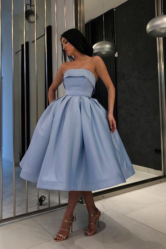 Ball Gown Strapless Satin Blue Short Prom Dresses Tea Length Sleeveless Homecoming Dresses H1132