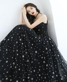 Beautiful Black Prom Dresses Spaghetti Straps V Neck Tulle Long Prom Gowns with Stars P1039