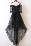 Black Short Sleeve High Low Homecoming Dresses Lace Appliques Sweetheart Prom Dress H1082