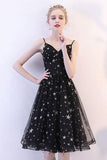 Black V Neck Short Prom Dresses Spaghetti Straps Knee Length Homecoming Dress with Stars H1061