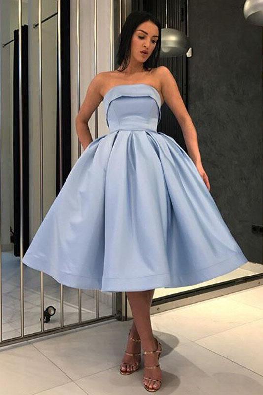 Blue Ball Gown Strapless Satin Short Cocktail Dresses Homecoming Dress with Pockets H1227