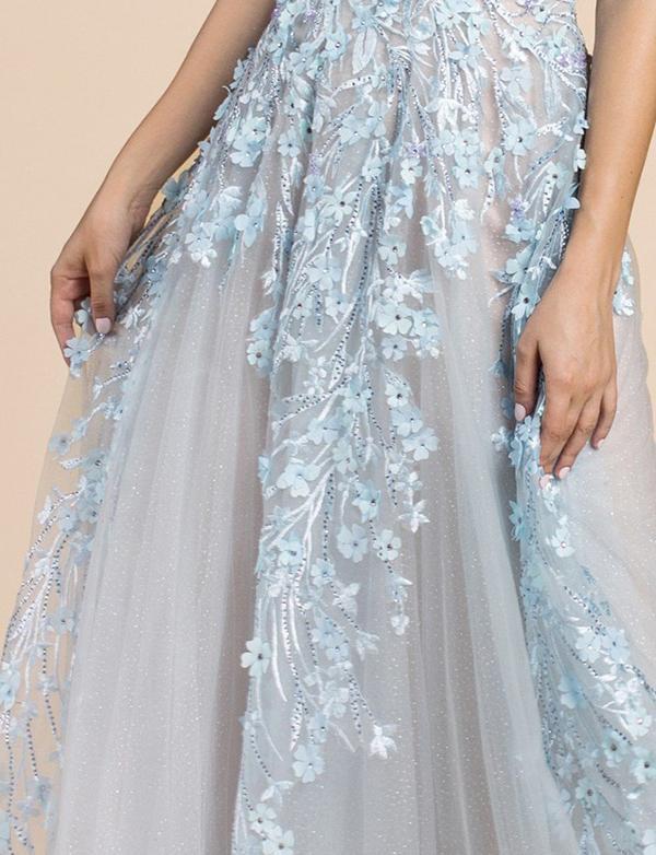 Blue Deep V Neck Backless Prom Dresses Long Lace Appliques Tulle Formal Dresses WK521