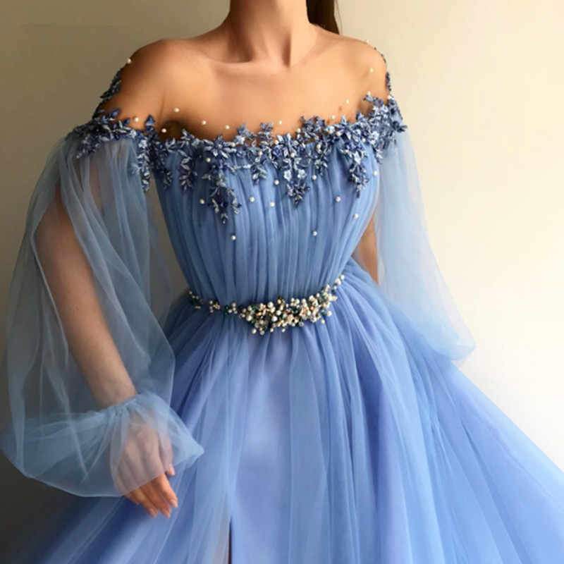 Blue Long Sleeve Tulle Prom Dresses with High Split Beaded Crystal Evening Dresses WK740