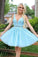 Blue Tulle Lace Appliques Short Prom Dress Beads Open Back Homecoming Dresses H1013