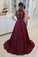 Burgundy High Neck Lace Prom Dresses Beads Satin Long Cheap Party Dresses WK573