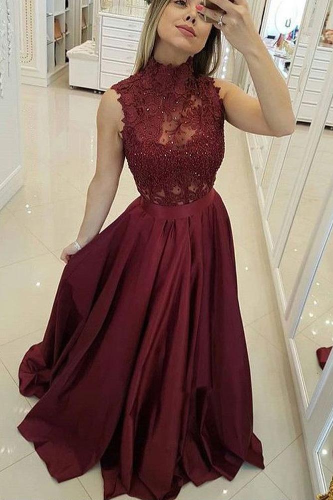 Burgundy High Neck Lace Prom Dresses Beads Satin Long Cheap Party Dresses WK573