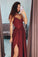 Burgundy Spaghetti Straps Sweetheart Satin Prom Dresses with Slit Beads WK591