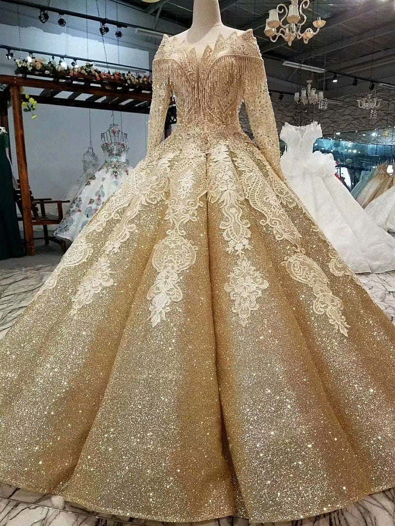 Ball Gown Gold Long Sleeves Lace Appliques Sequins Open Back Beads Quinceanera Dresses WK894