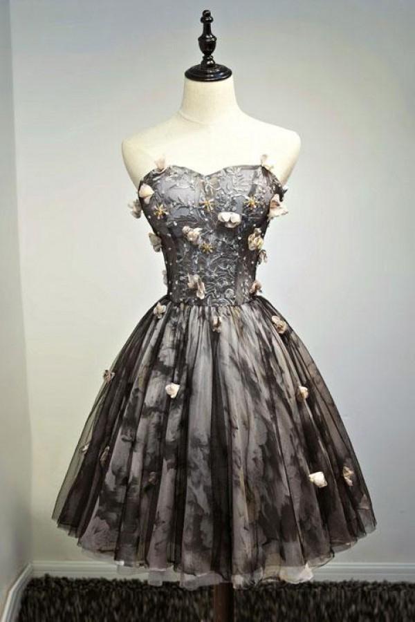 A Line Black Sweetheart Strapless with Flowers Tulle Short School Dress Homecoming Dress WK886