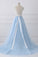 A-Line V-Neck Lace Top Sky Blue Skirt Cheap Sweetheart Tulle Satin Prom Dresses with Sash WK156