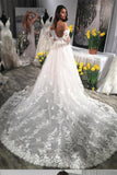 A Line Long Sleeves Ivory Lace Appliques Beads Sweetheart Long Wedding Dresses WK785