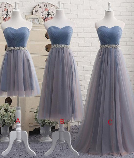 Cute A Line Sweetheart Tulle Blue Strapless Beads Prom Dress Bridesmaid Dresses WK807