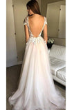 Cap Sleeve Deep V Neck Prom Dress with Appliques Backless Split Wedding Dresses WK634