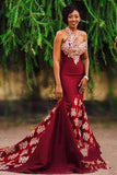Charming Burgundy Prom Dresses Mermaid Long Lace Appliqued Sleeveless Formal Dress WK340