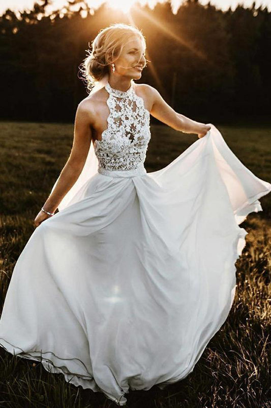 Charming Lace White Halter Long Wedding Dresses Chiffon Beach Bridal Dresses WK615
