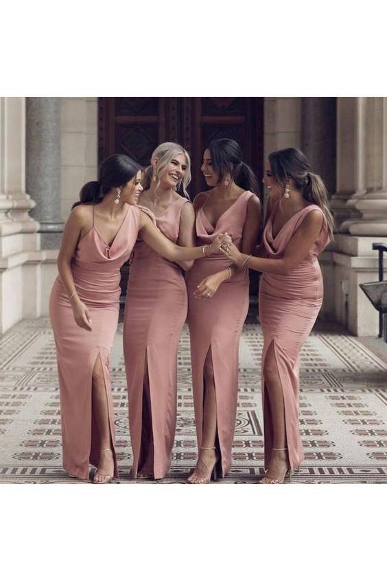 Charming Sheath V Neck Prom Dresses Slit Pink Long Bridesmaid Dresses WK515