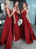 Chic Burgundy Deep V Neck Bridesmaid Dress A Line Sleeveless Backless Prom Dresses BD1009