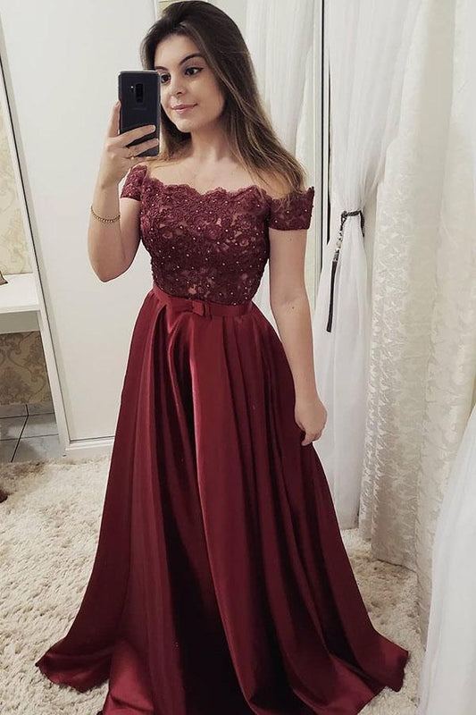 Chic Burgundy Off the Shoulder Floor Length Satin Lace Prom Dresses with Beads WK629