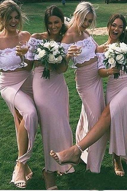 Chic Pink Short Sleeve Lace Side Slit Off the Shoulder Two Piece Bridesmaid Dresses PW958