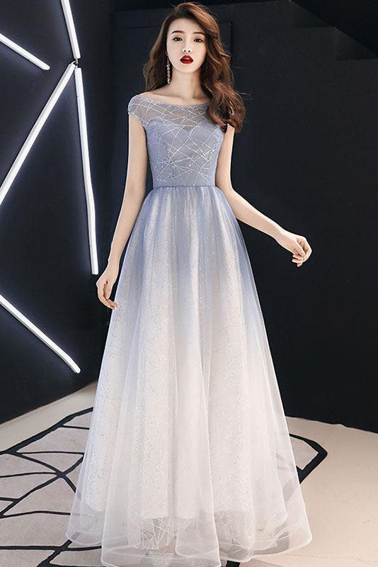 Chic Round Neck A Line Lace Up Back Ombre Prom Dresses