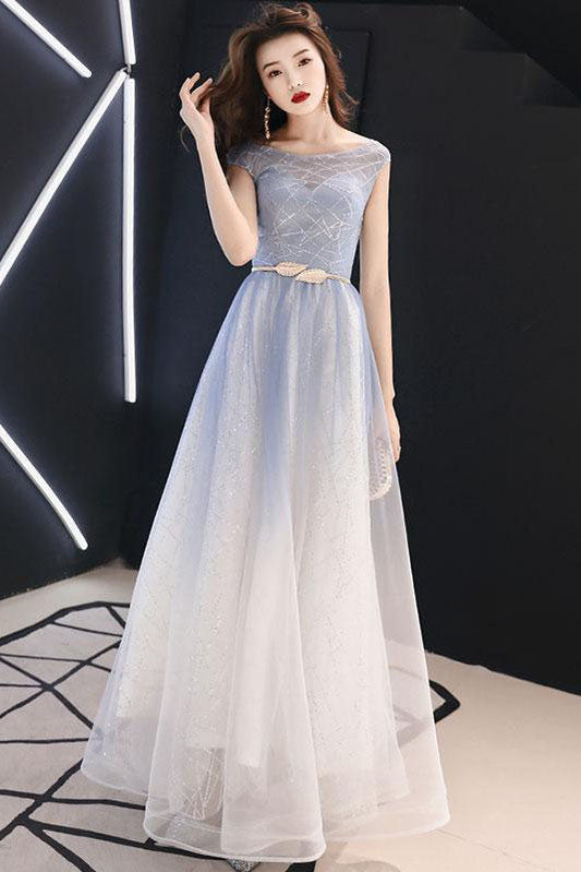 Chic Round Neck A Line Lace Up Back Ombre Prom Dresses