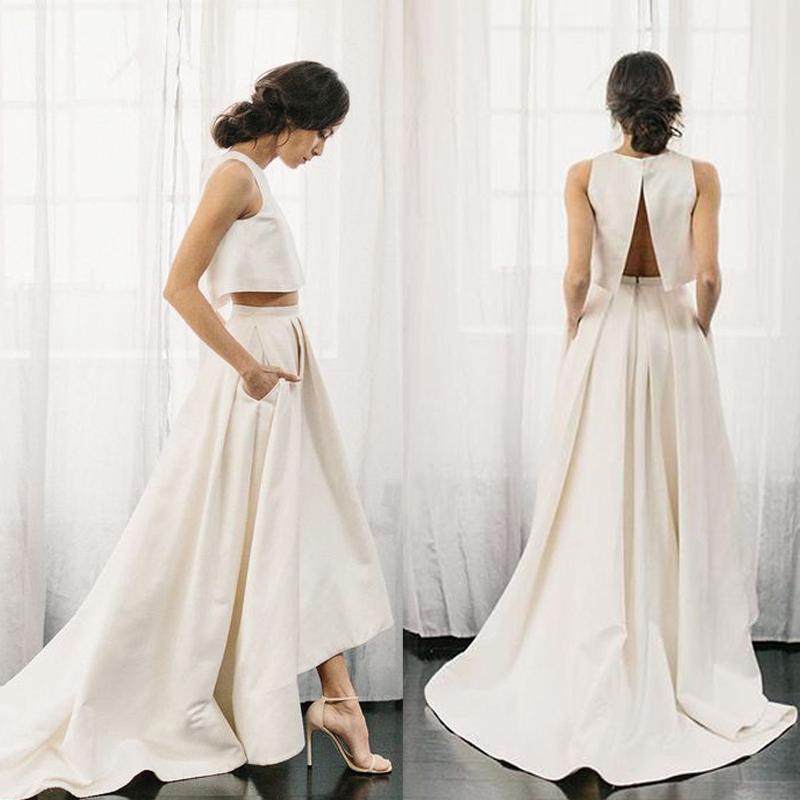 Chic Two Pieces Satin Ivory High Neck High Low Wedding Dresses with Pockets Bridal Dress W1027