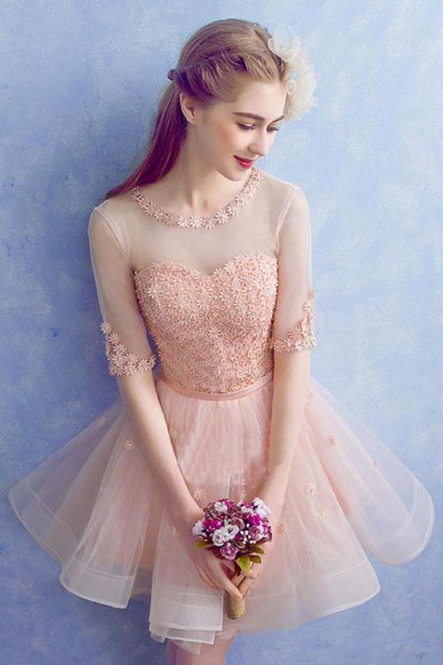 Cute A Line Half Sleeve Pink Round Neck Tulle Homecoming Dresses with Lace Prom Dress WK823