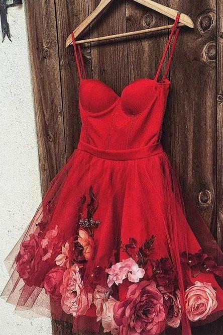 Cute A line Spaghetti Straps Sweetheart Red Tulle Homecoming Graduation Dresses H1008