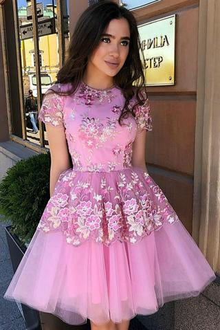Cute Blue Floral Prints Tulle Short Sleeves A Line Homecoming Graduation Dresses WK862