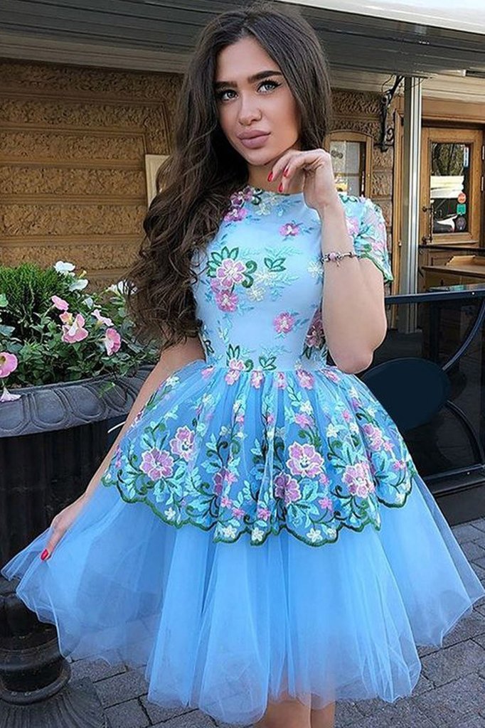 Cute Blue Floral Prints Tulle Short Sleeves A Line Homecoming Graduation Dresses WK862